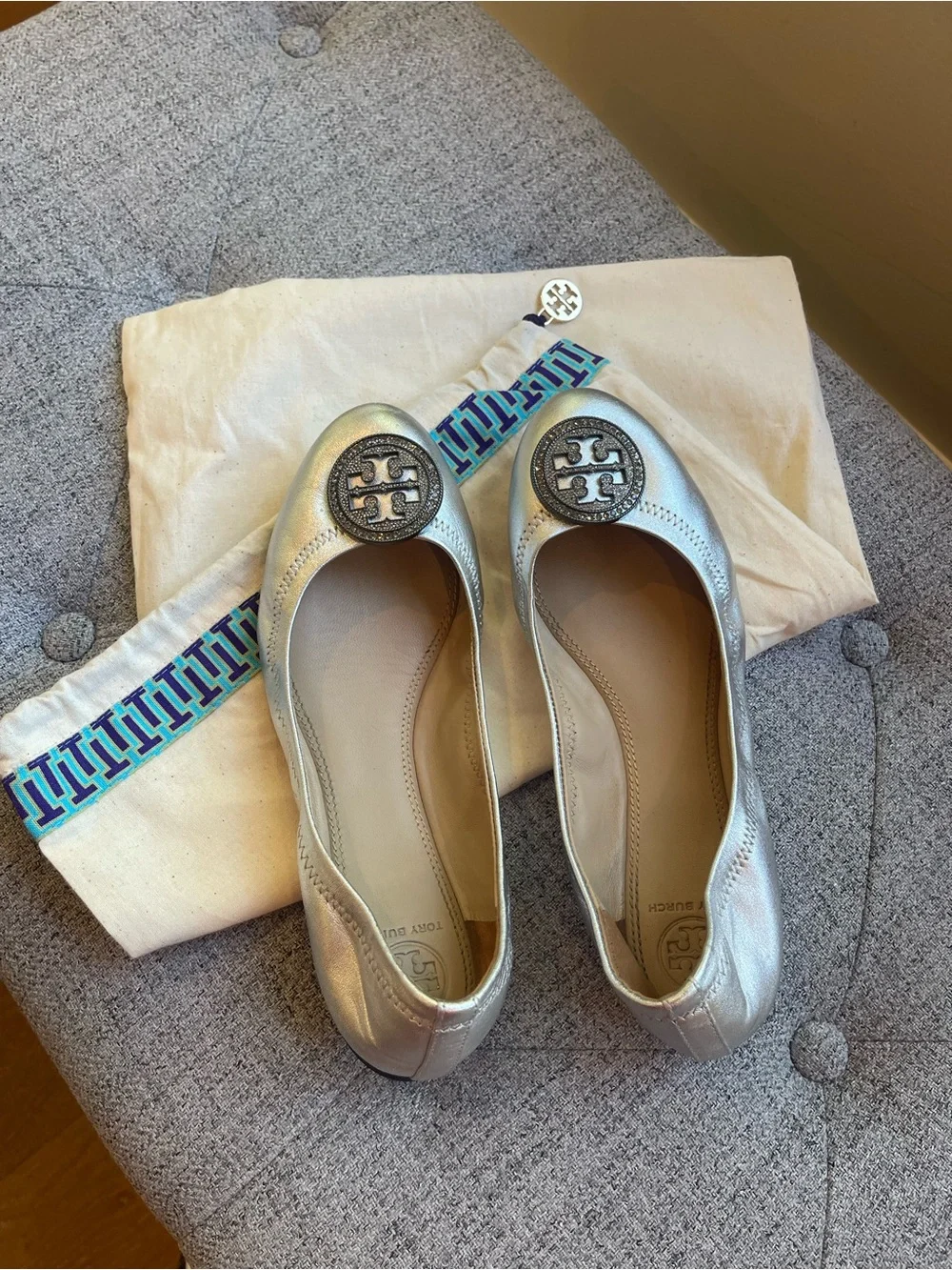 Tory Burch Silver Logo Ballet Flats